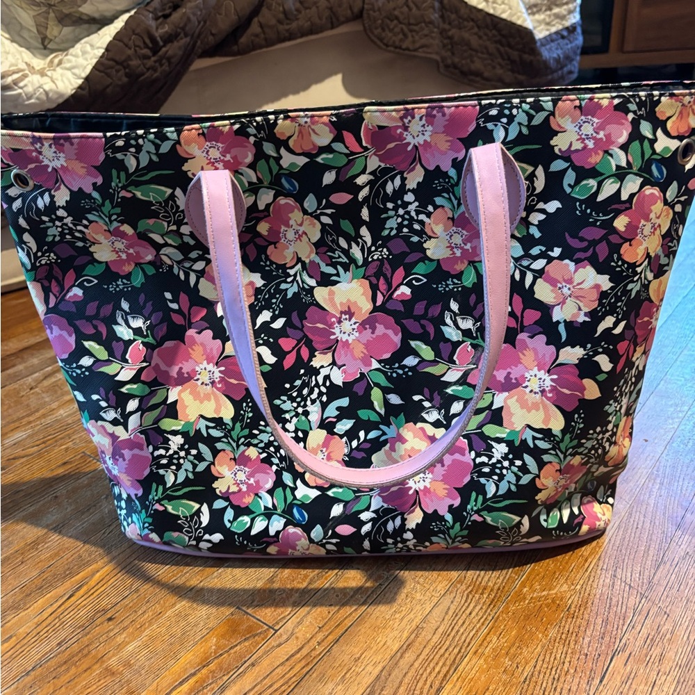 Floral Tote Bag with Pink Handles